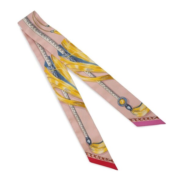 HERMES Twilly CAVALCADES Silk100% Rose Poudre/Jaune d'or 061829S - Picture 3 of 9